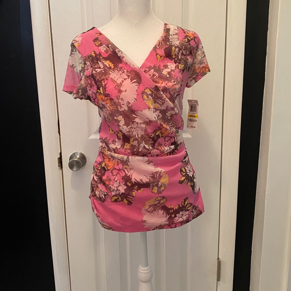 NWT INC Pink Floral Surplice Top